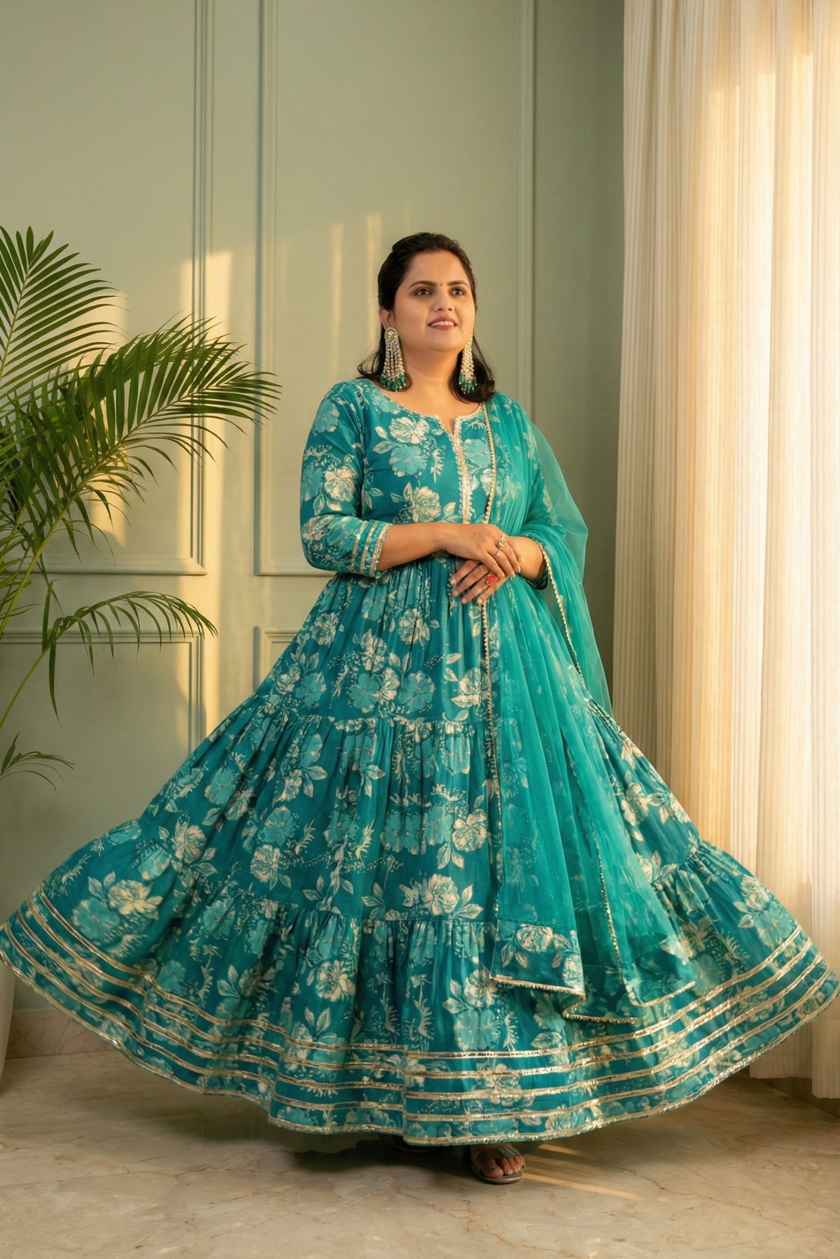 Jharna Teal Floral Tiered Cotton Anarkali Set with Dupatta