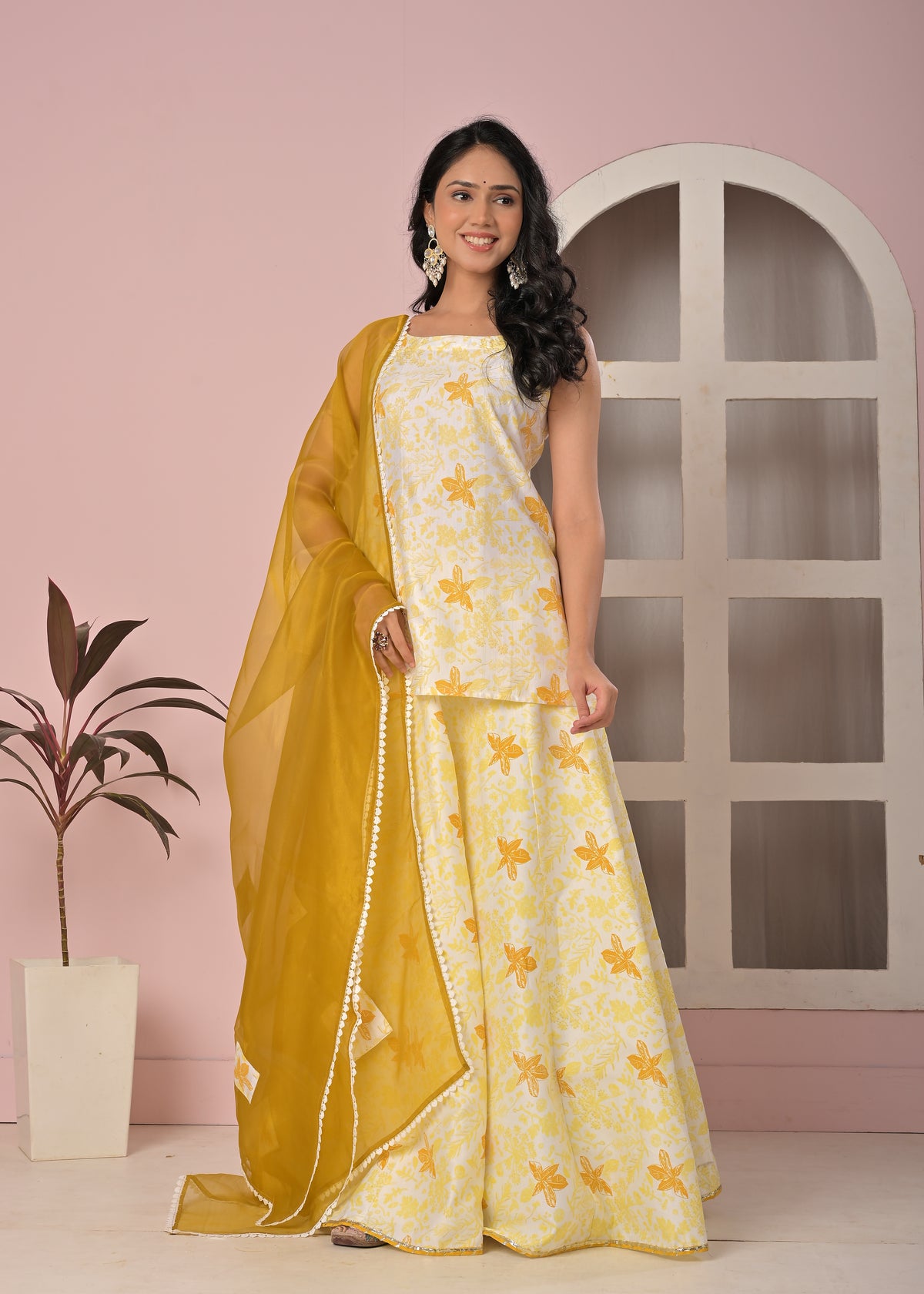 Sunlit Mustard Floral Printed Lehenga Top Set with Soft Net Dupatta