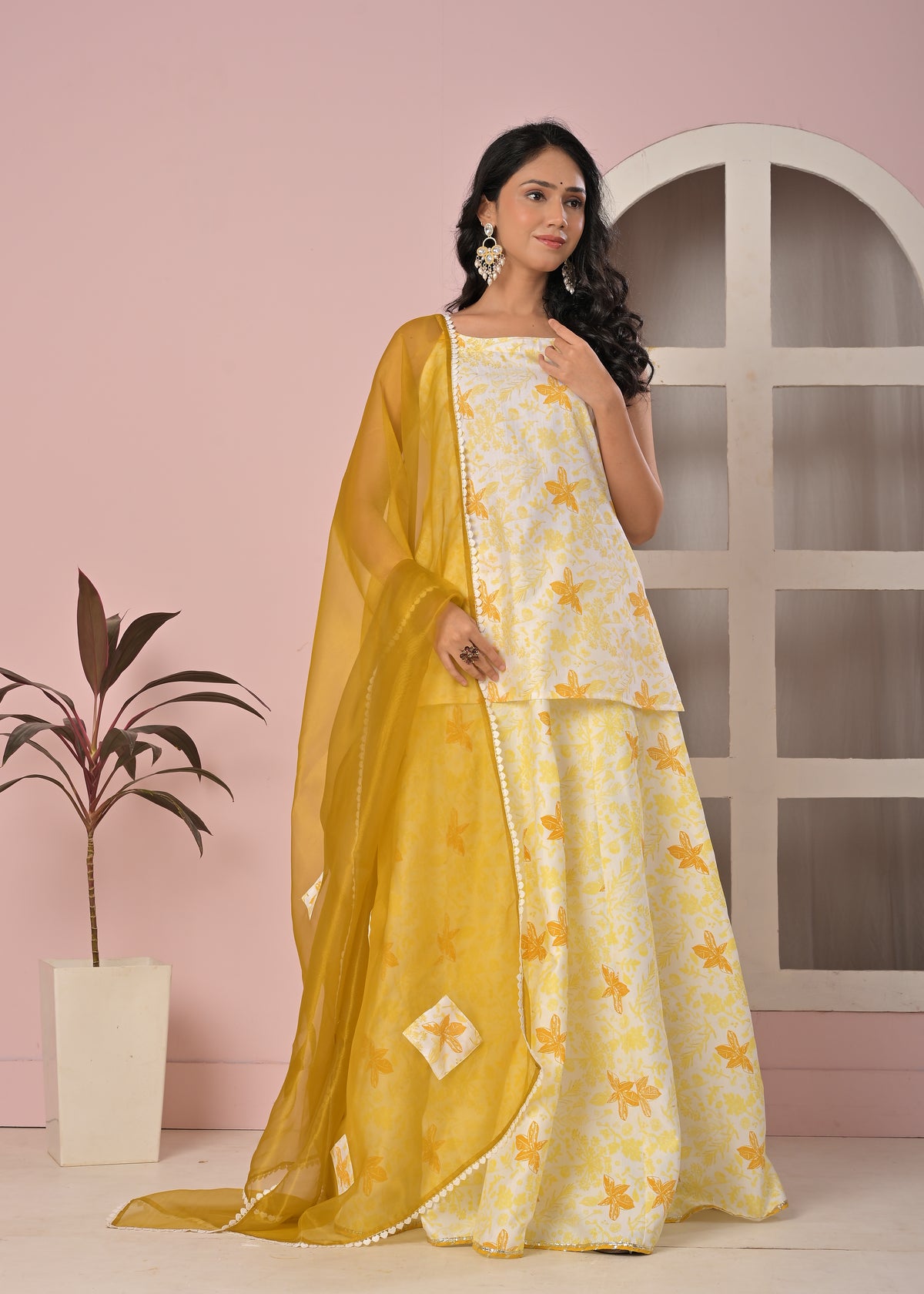 Sunlit Mustard Floral Printed Lehenga Top Set with Soft Net Dupatta