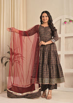 Rust Meal Printed Anarkali Kurta Set with Pant and Dupatta