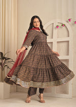 Rust Meal Printed Anarkali Kurta Set with Pant and Dupatta
