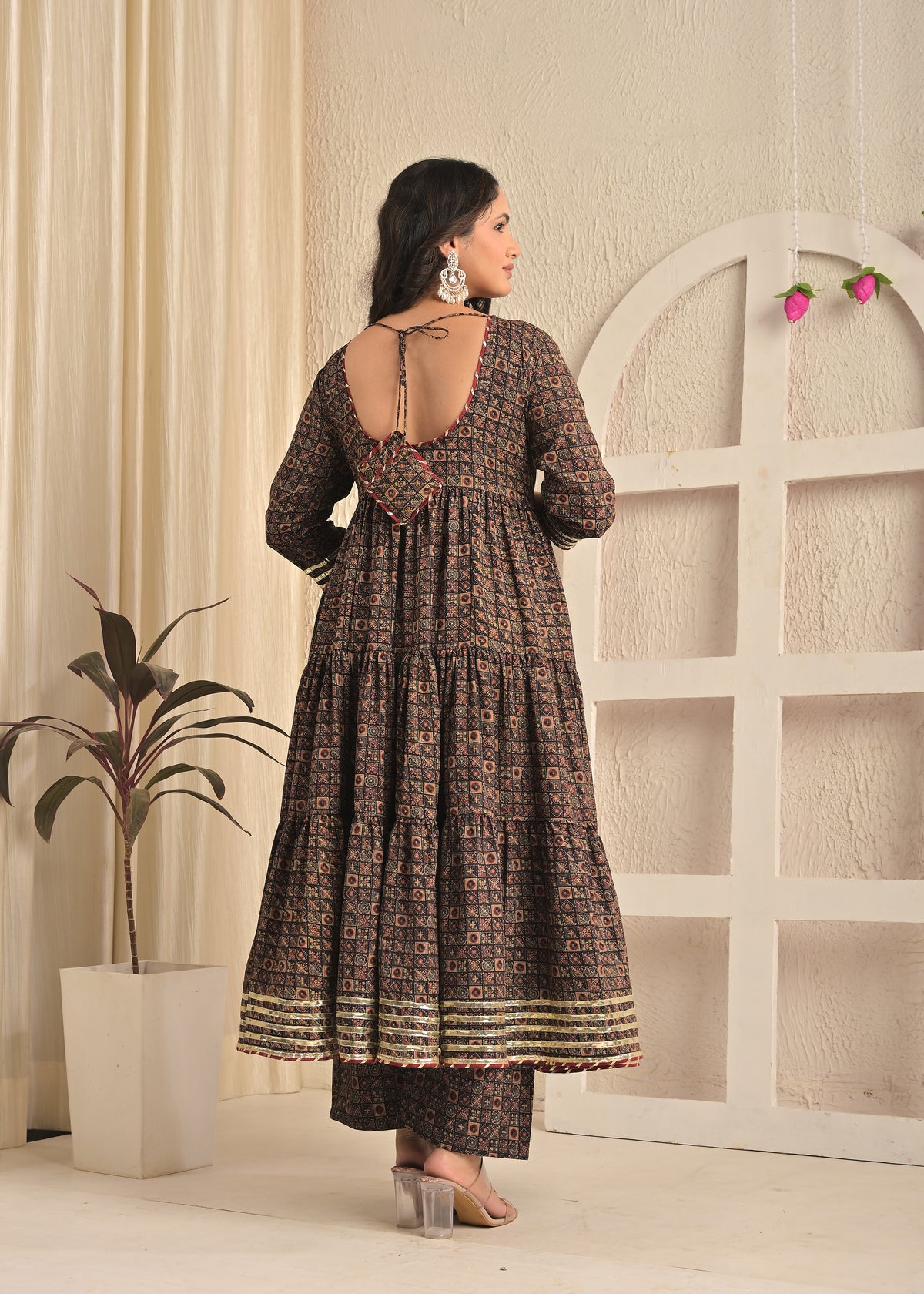Rust Meal Printed Anarkali Kurta Set with Pant and Dupatta
