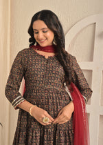 Rust Meal Printed Anarkali Kurta Set with Pant and Dupatta