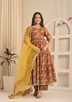 Wine Floral Printed Cotton Anarkali Kurta Set with Pant & Yellow Dupatta