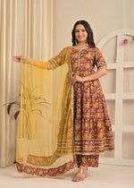 Wine Floral Printed Cotton Anarkali Kurta Set with Pant & Yellow Dupatta