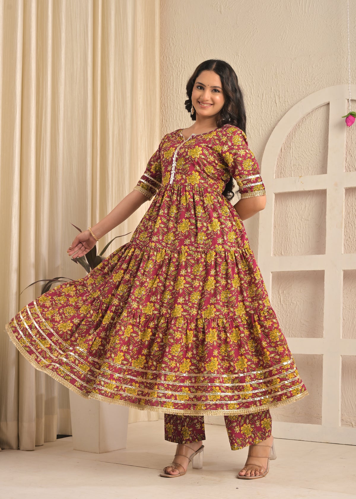 Wine Floral Printed Cotton Anarkali Kurta Set with Pant & Yellow Dupatta