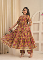 Wine Floral Printed Cotton Anarkali Kurta Set with Pant & Yellow Dupatta