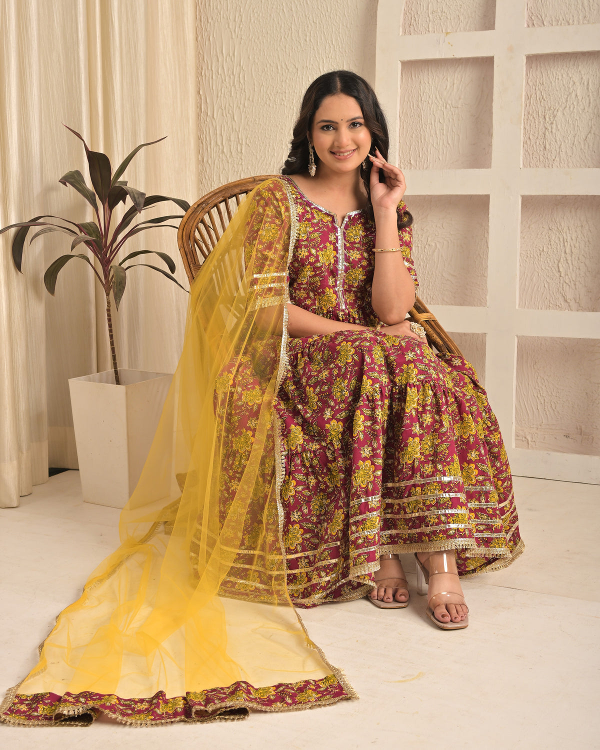 Wine Floral Printed Cotton Anarkali Kurta Set with Pant & Yellow Dupatta