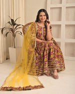 Wine Floral Printed Cotton Anarkali Kurta Set with Pant & Yellow Dupatta