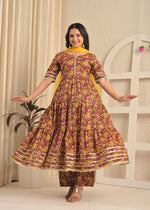 Wine Floral Printed Cotton Anarkali Kurta Set with Pant & Yellow Dupatta