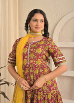 Wine Floral Printed Cotton Anarkali Kurta Set with Pant & Yellow Dupatta