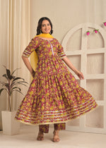 Wine Floral Printed Cotton Anarkali Kurta Set with Pant & Yellow Dupatta