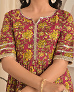 Wine Floral Printed Cotton Anarkali Kurta Set with Pant & Yellow Dupatta