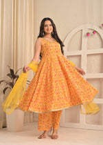 Sunshine Yellow Sleeveless Floral Printed Anarkali Set with Dupatta