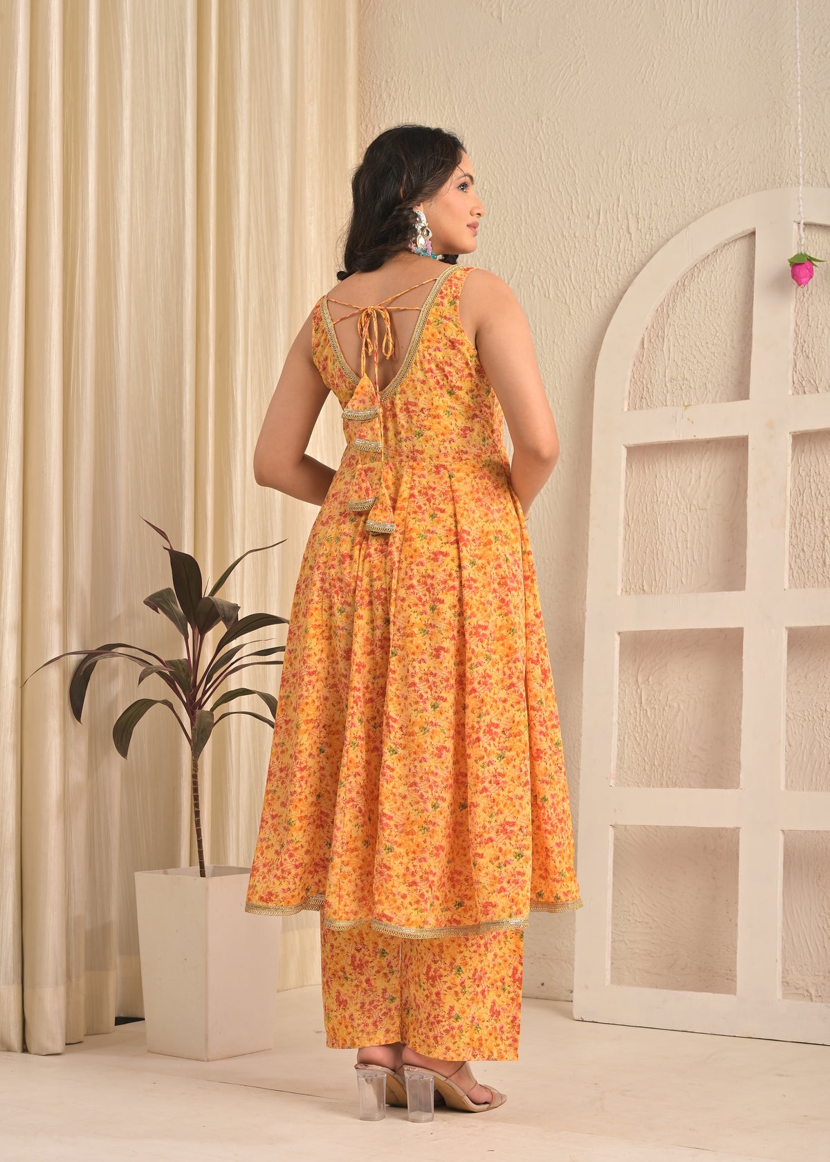 Sunshine Yellow Sleeveless Floral Printed Anarkali Set with Dupatta