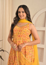 Sunshine Yellow Sleeveless Floral Printed Anarkali Set with Dupatta