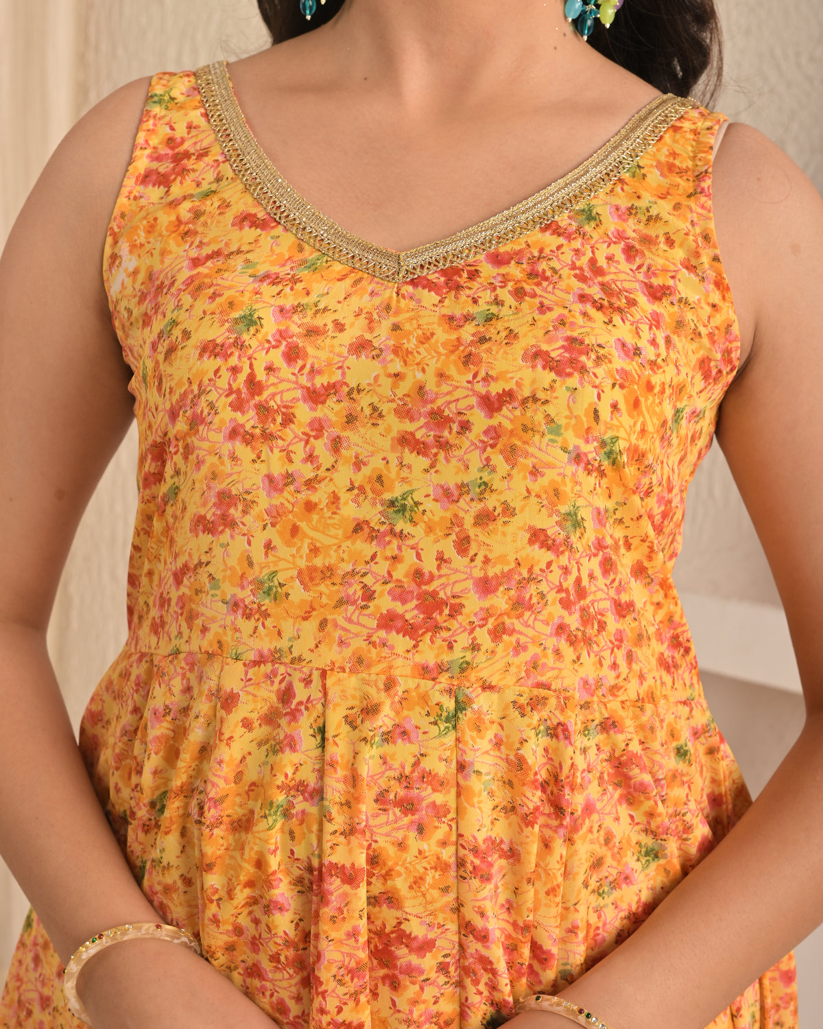 Sunshine Yellow Sleeveless Floral Printed Anarkali Set with Dupatta