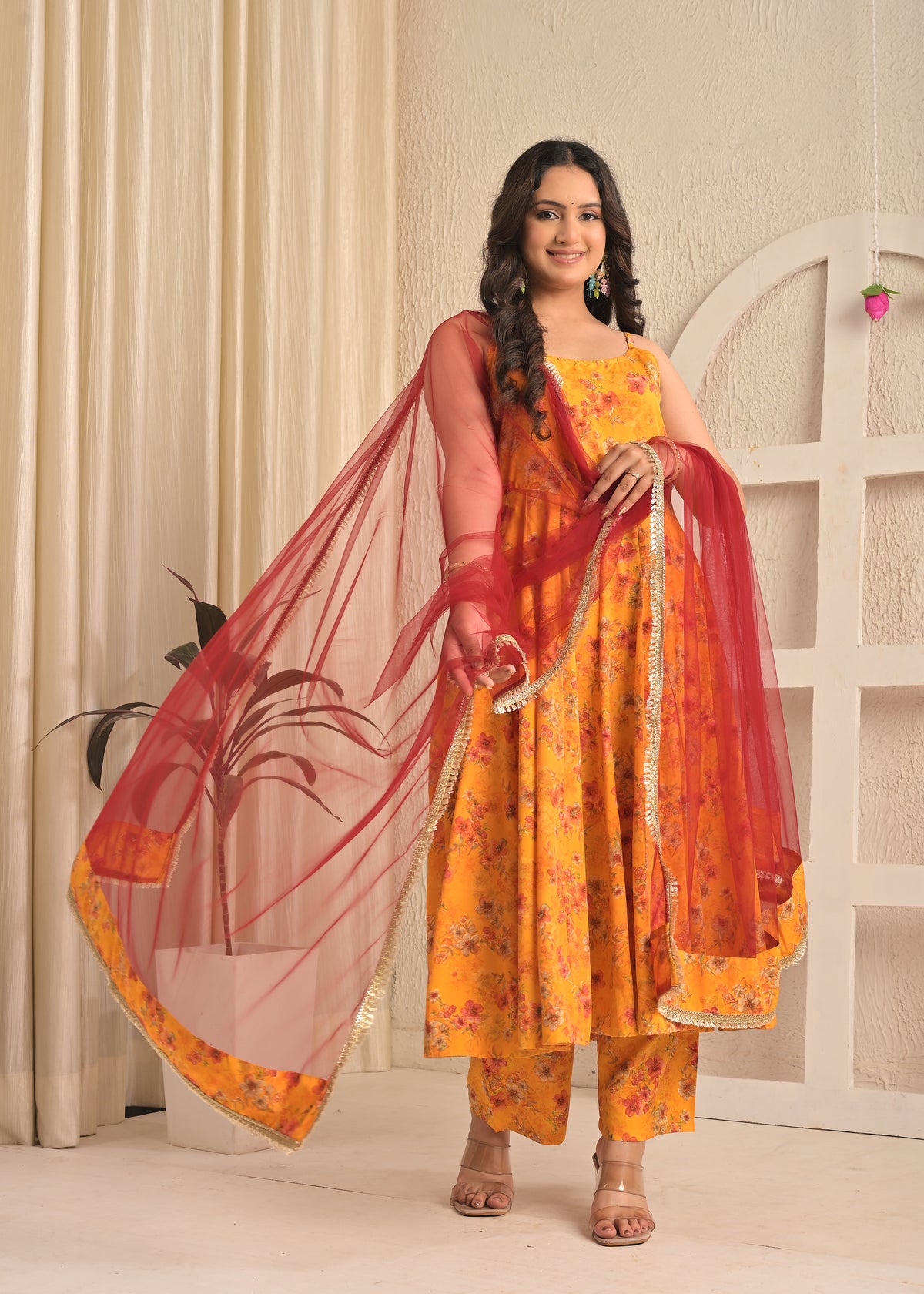 Marigold Yellow Sleeveless Floral Anarkali Set with Contrasting Red Dupatta