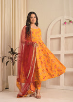 Marigold Yellow Sleeveless Floral Anarkali Set with Contrasting Red Dupatta