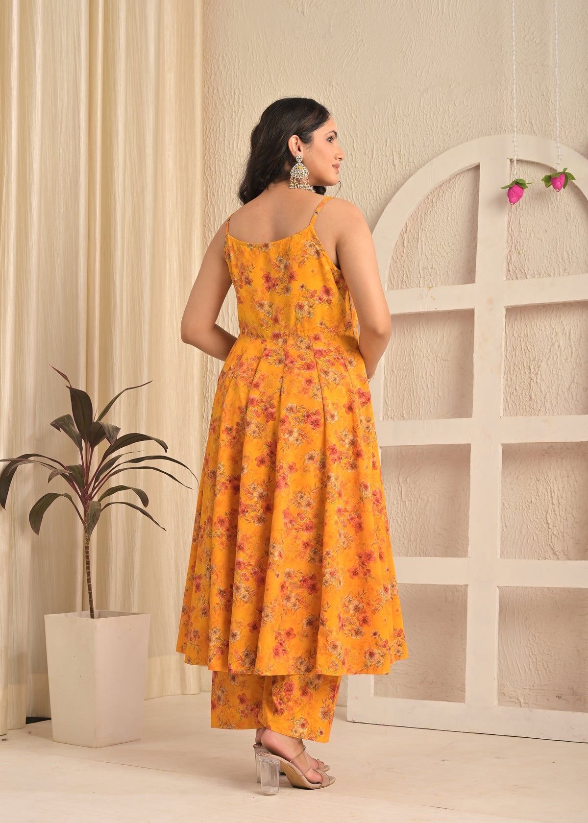 Marigold Yellow Sleeveless Floral Anarkali Set with Contrasting Red Dupatta