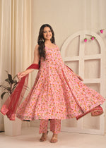 Blush Pink Floral Sleeveless Anarkali Set with Contrasting Red Dupatta