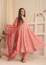 Blush Pink Floral Sleeveless Anarkali Set with Contrasting Red Dupatta