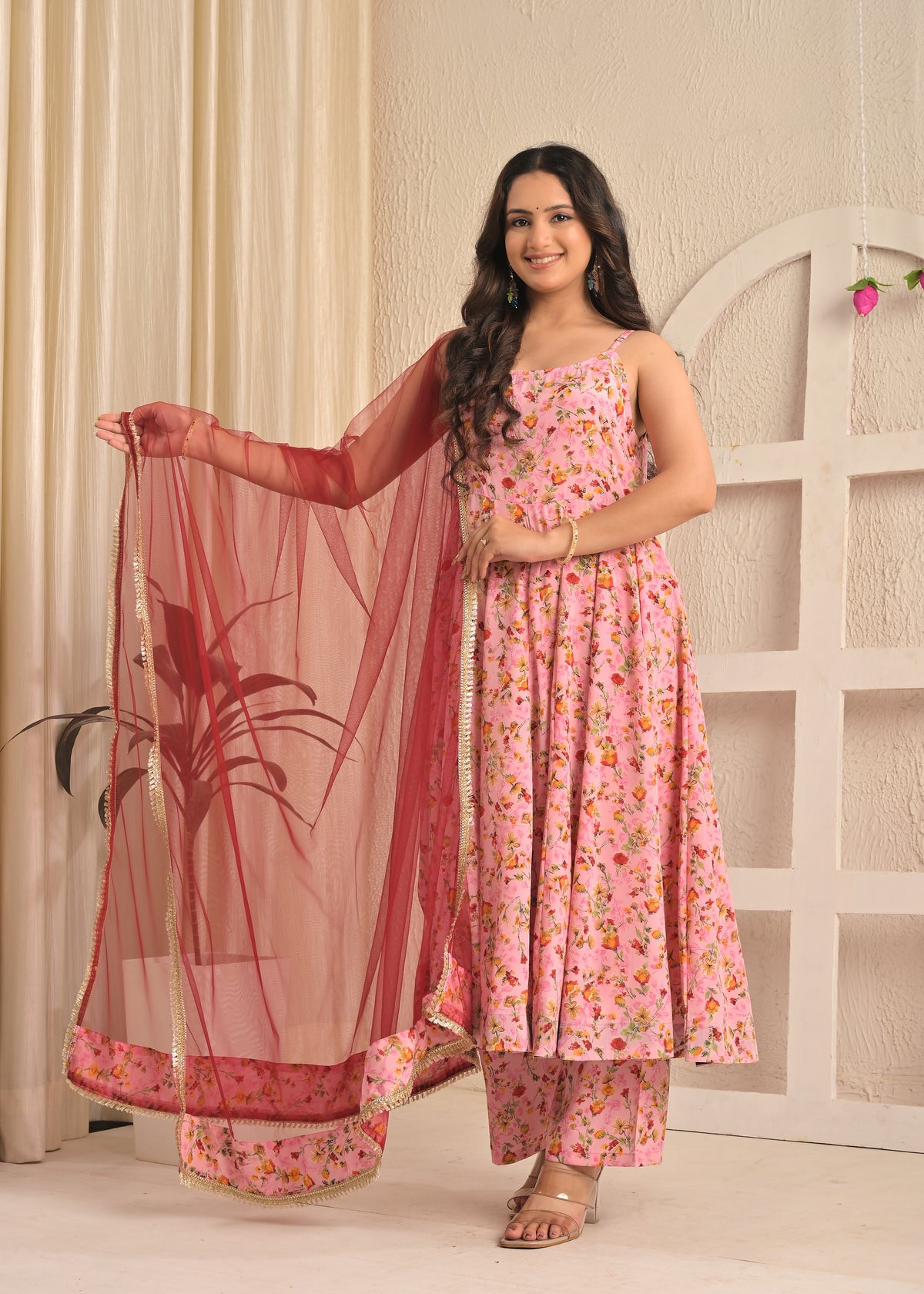 Blush Pink Floral Sleeveless Anarkali Set with Contrasting Red Dupatta
