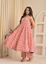 Blush Pink Floral Sleeveless Anarkali Set with Contrasting Red Dupatta