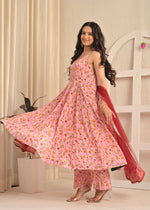 Blush Pink Floral Sleeveless Anarkali Set with Contrasting Red Dupatta