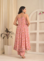 Blush Pink Floral Sleeveless Anarkali Set with Contrasting Red Dupatta