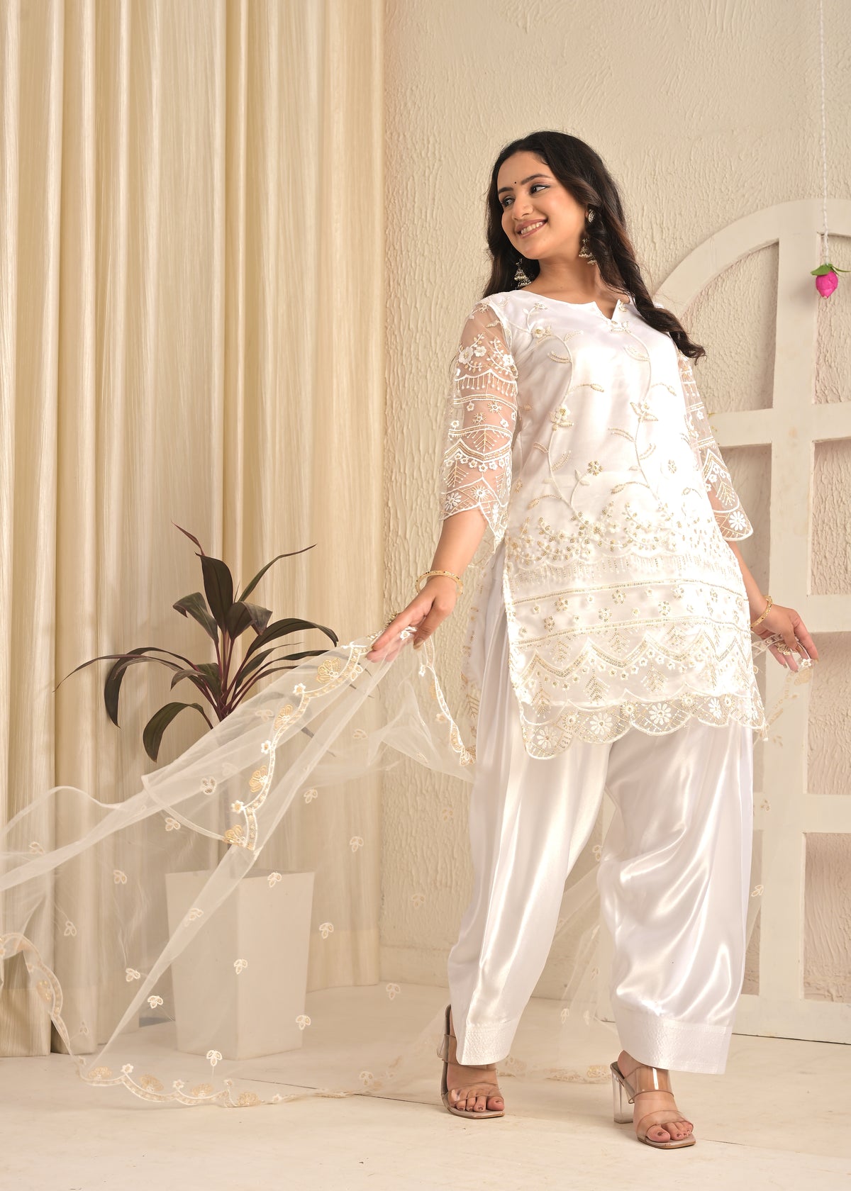 Ivory White Embroidered Suit Set with Farsi Salwar and Sheer Dupatta