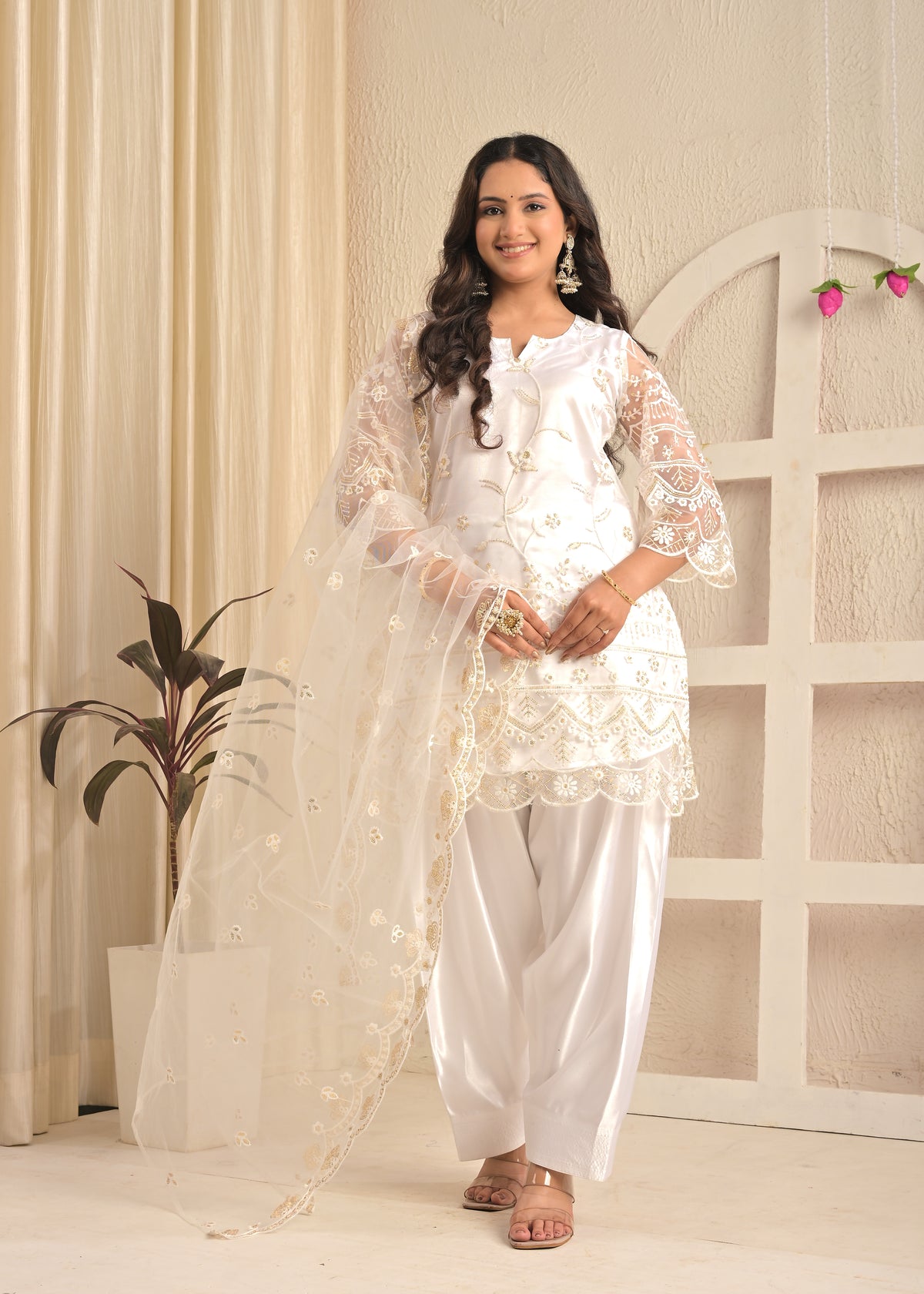 Ivory White Embroidered Suit Set with Farsi Salwar and Sheer Dupatta
