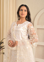 Ivory White Embroidered Suit Set with Farsi Salwar and Sheer Dupatta