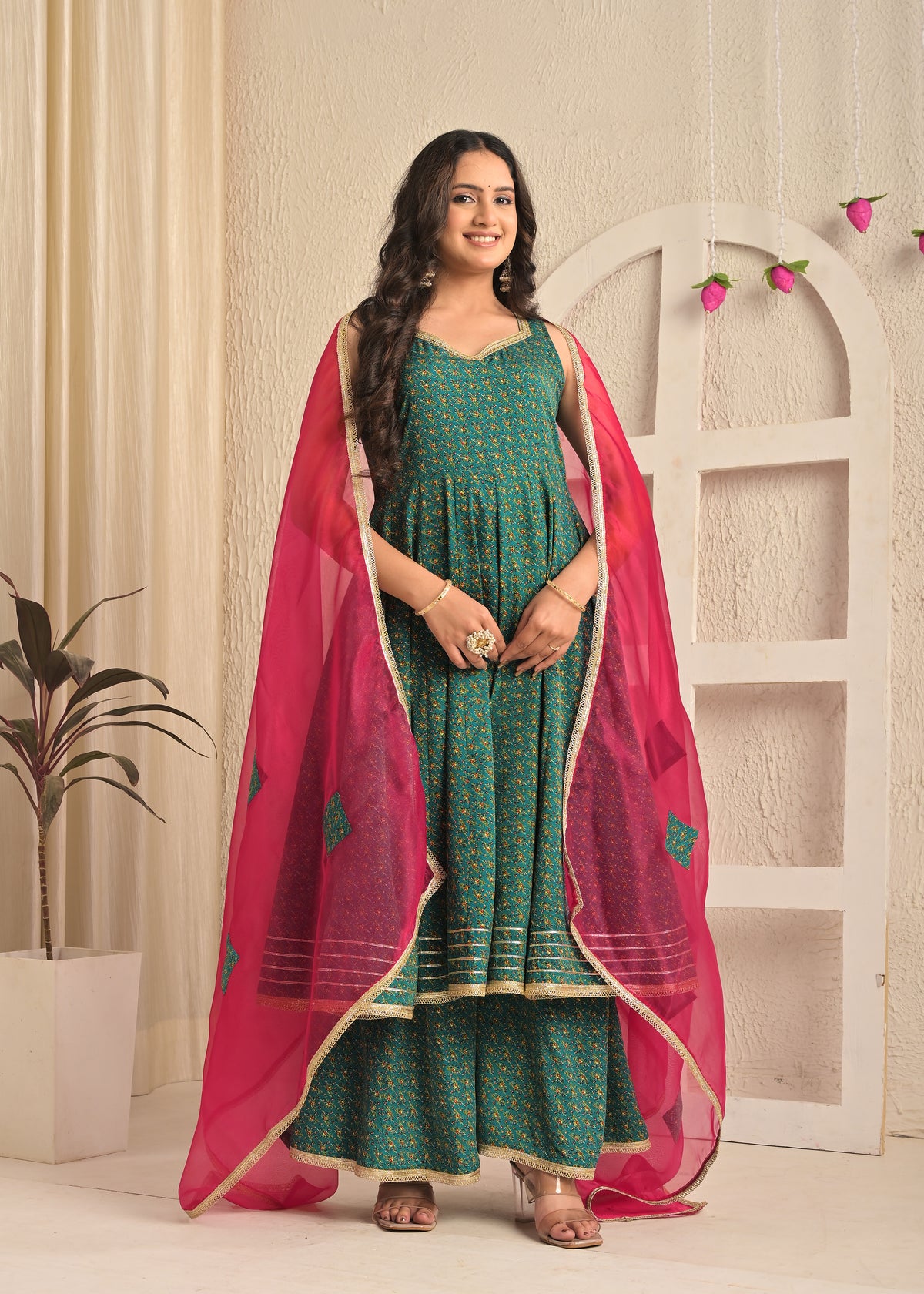 Emerald Green Printed Anarkali Sharara Set with Contrasting Pink Dupatta