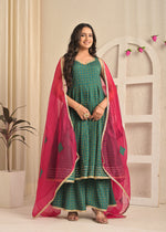 Emerald Green Printed Anarkali Sharara Set with Contrasting Pink Dupatta