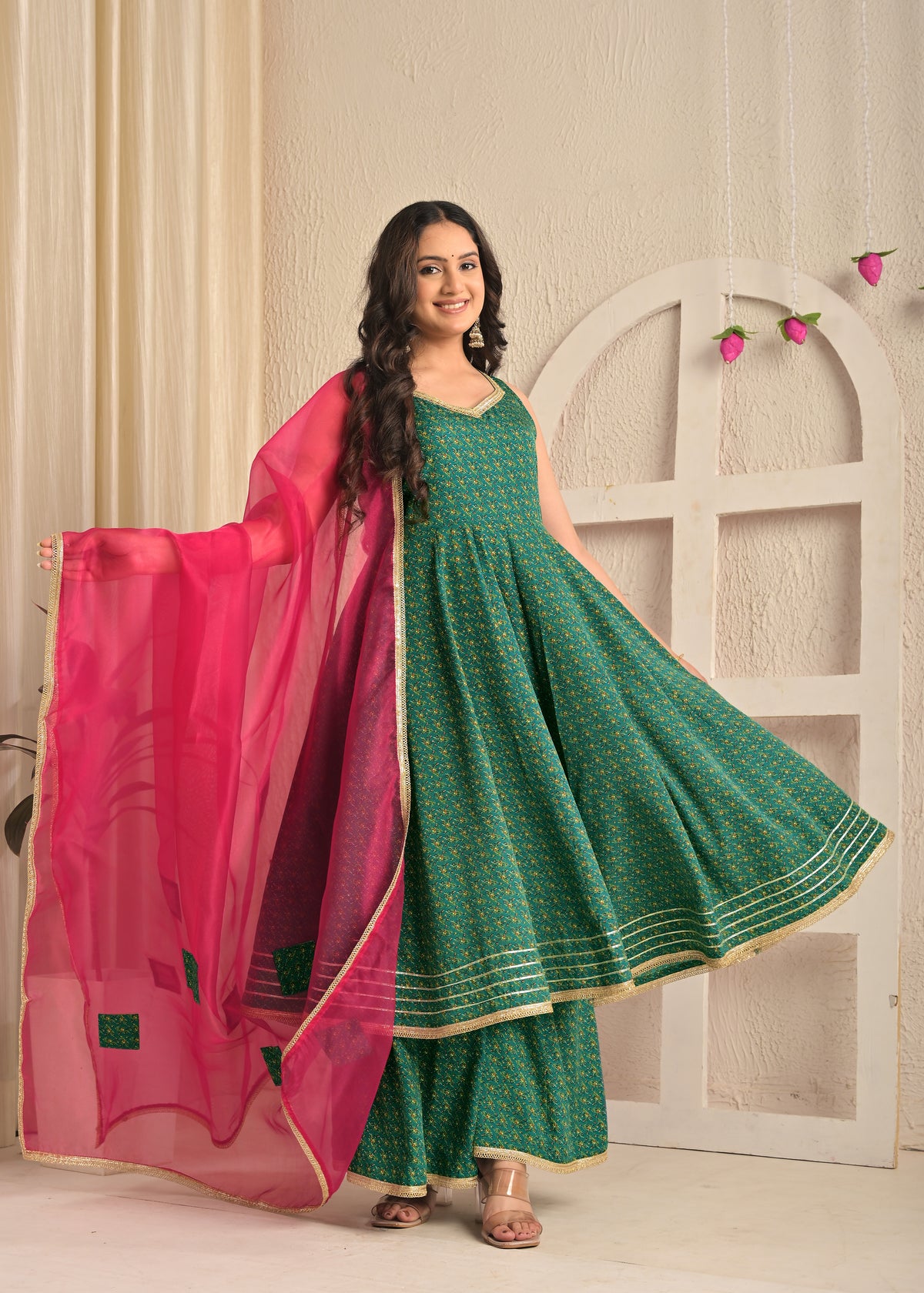 Emerald Green Printed Anarkali Sharara Set with Contrasting Pink Dupatta