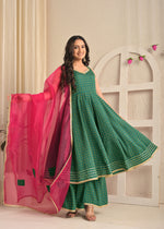 Emerald Green Printed Anarkali Sharara Set with Contrasting Pink Dupatta
