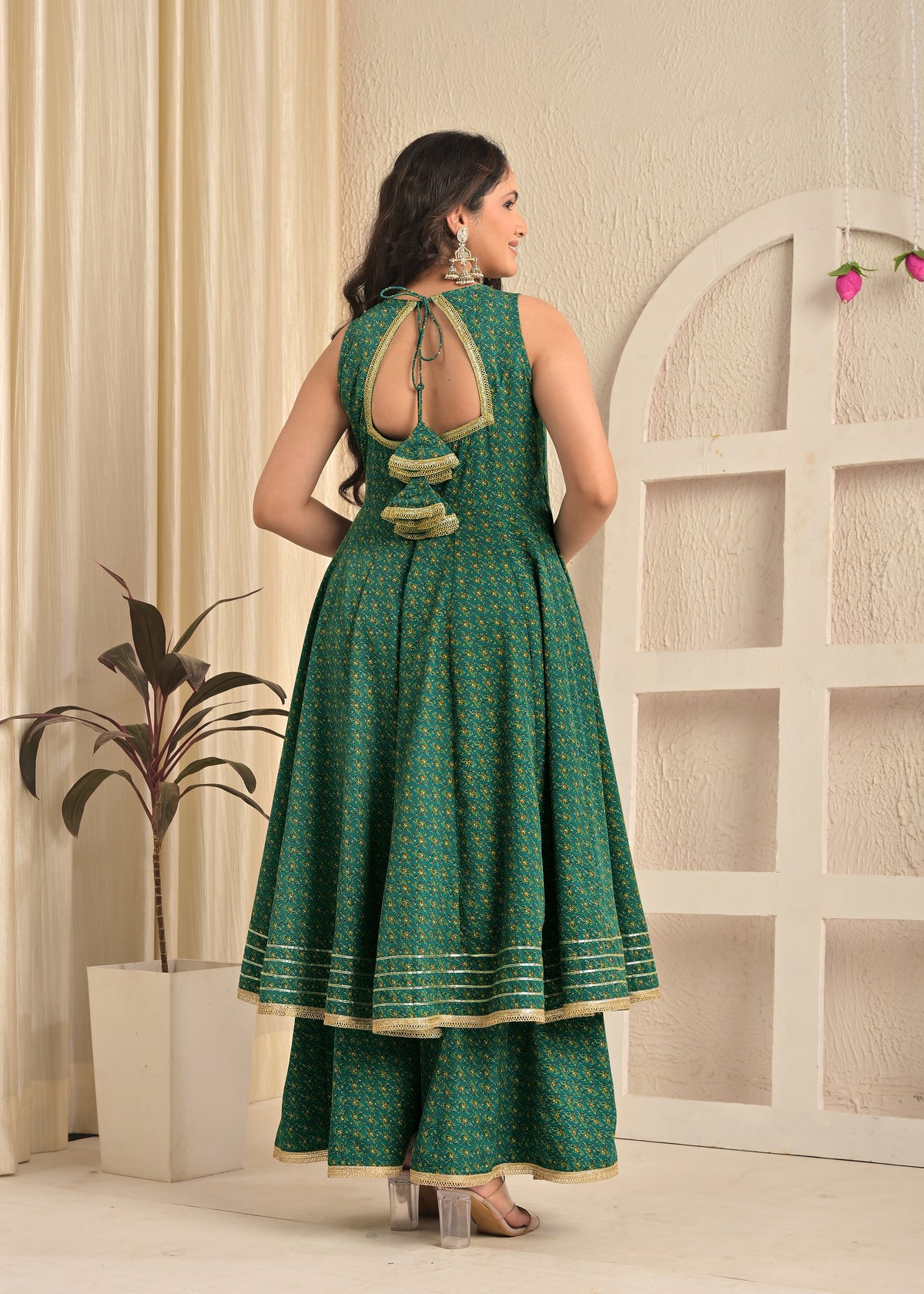Emerald Green Printed Anarkali Sharara Set with Contrasting Pink Dupatta
