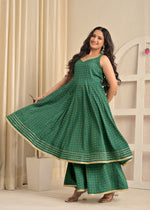 Emerald Green Printed Anarkali Sharara Set with Contrasting Pink Dupatta