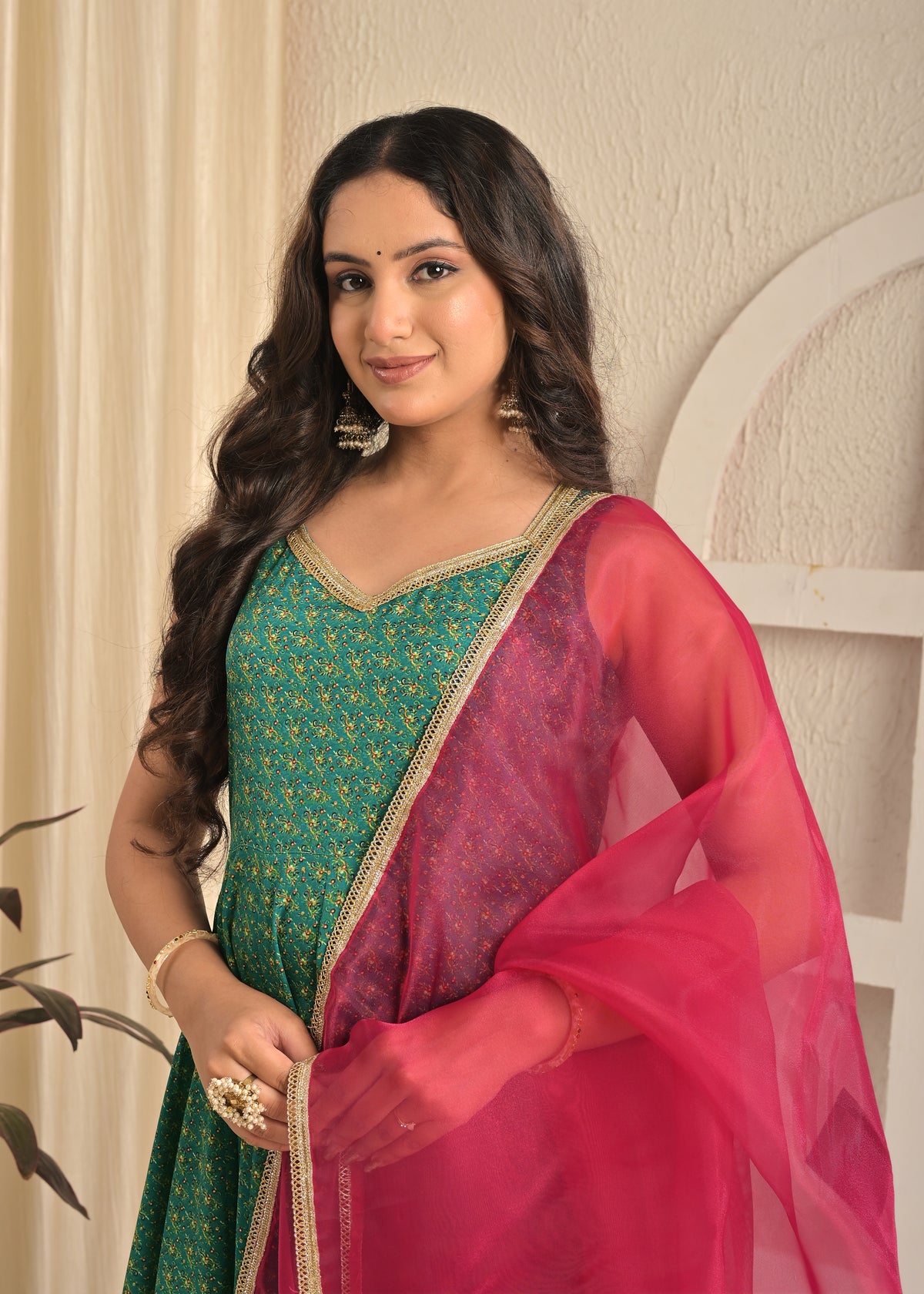 Emerald Green Printed Anarkali Sharara Set with Contrasting Pink Dupatta