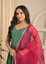 Emerald Green Printed Anarkali Sharara Set with Contrasting Pink Dupatta