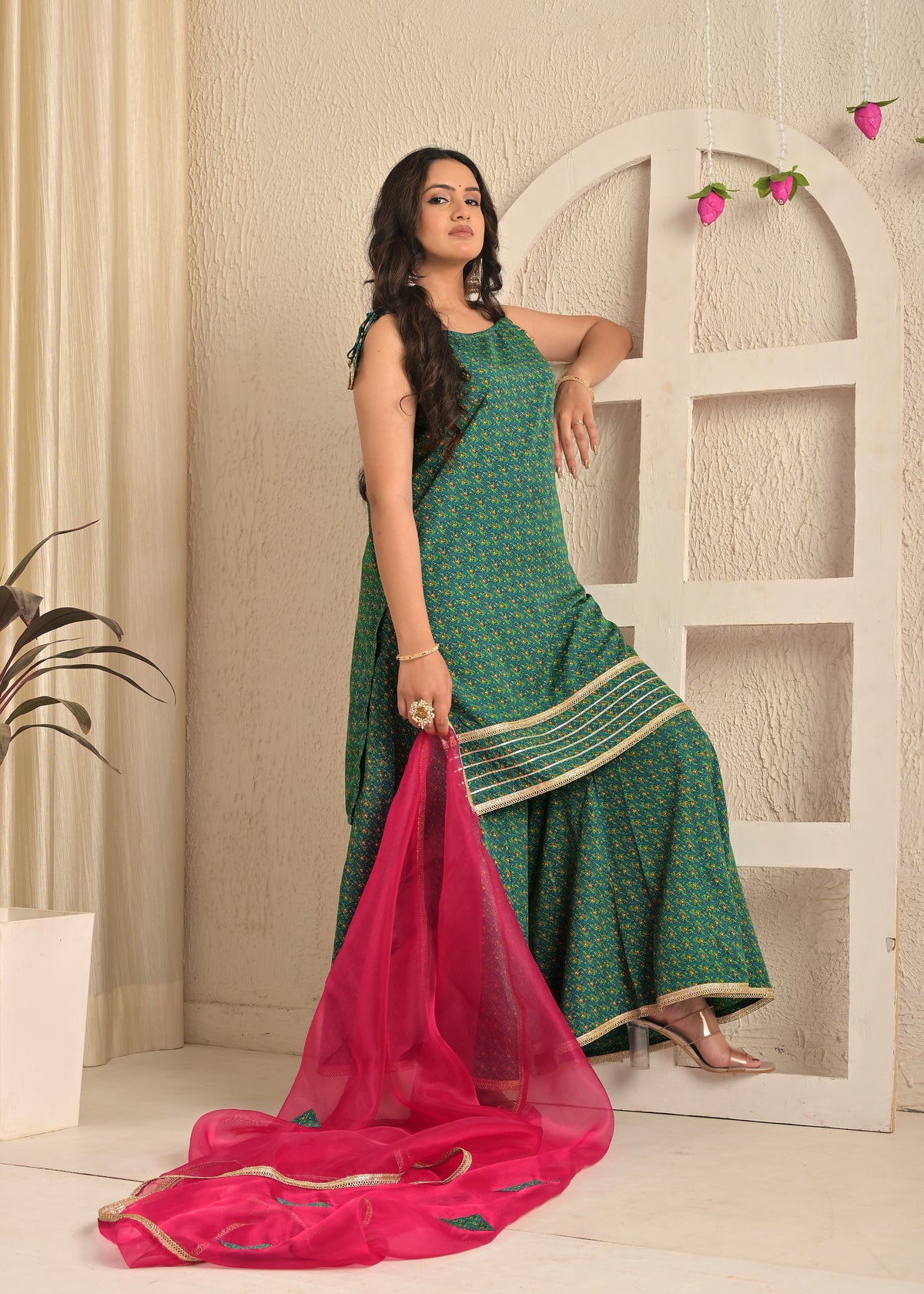 Rama Green Printed Kurta Sharara Set with Contrasting Pink Dupatta