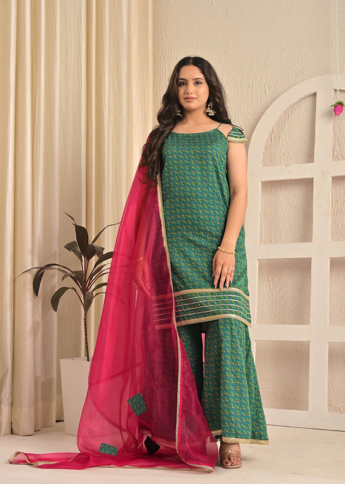 Rama Green Printed Kurta Sharara Set with Contrasting Pink Dupatta