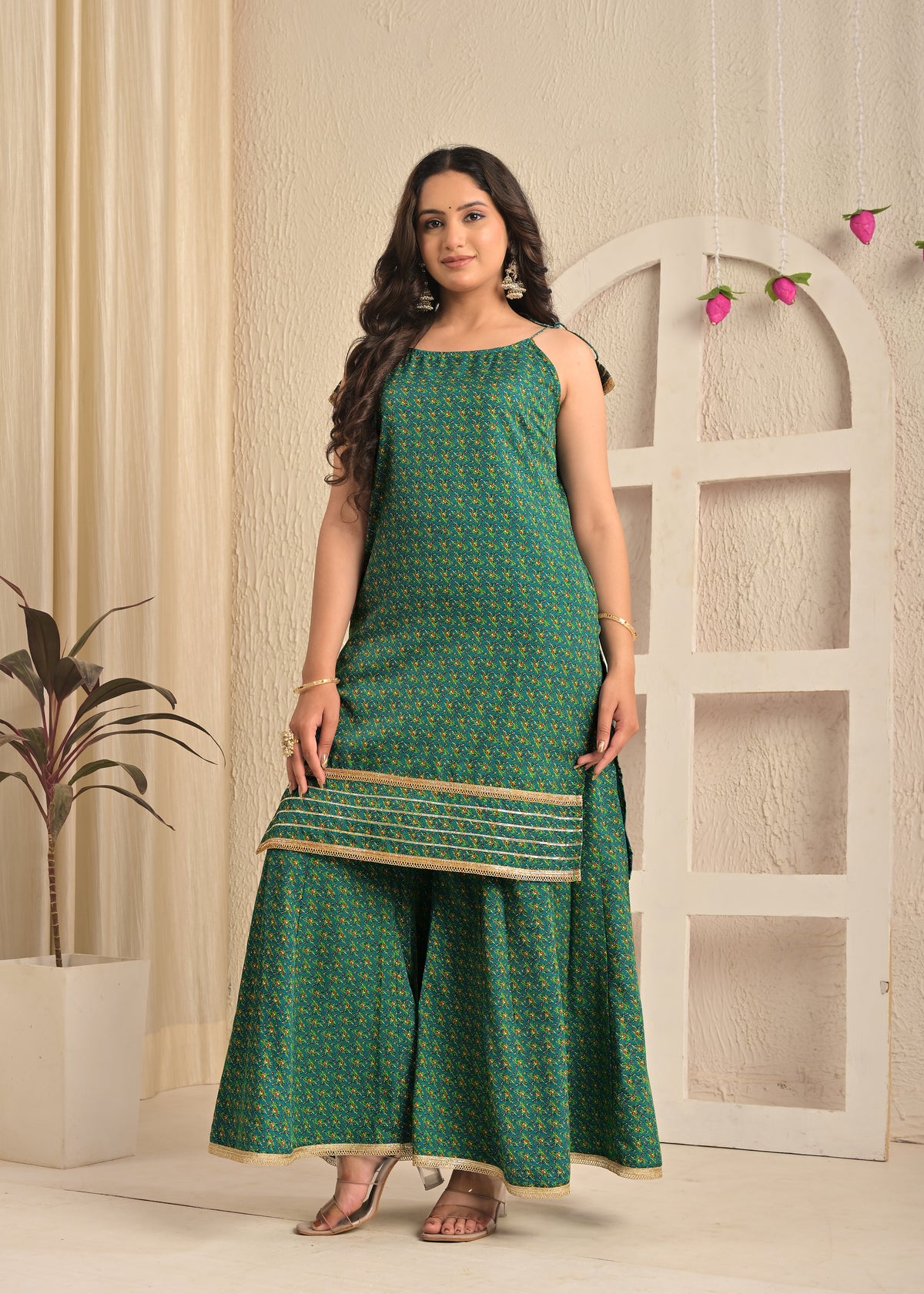 Rama Green Printed Kurta Sharara Set with Contrasting Pink Dupatta