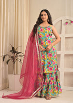 Turquoise Floral Cotton Kurta Sharara Set with Pink Dupatta