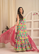 Turquoise Floral Cotton Kurta Sharara Set with Pink Dupatta