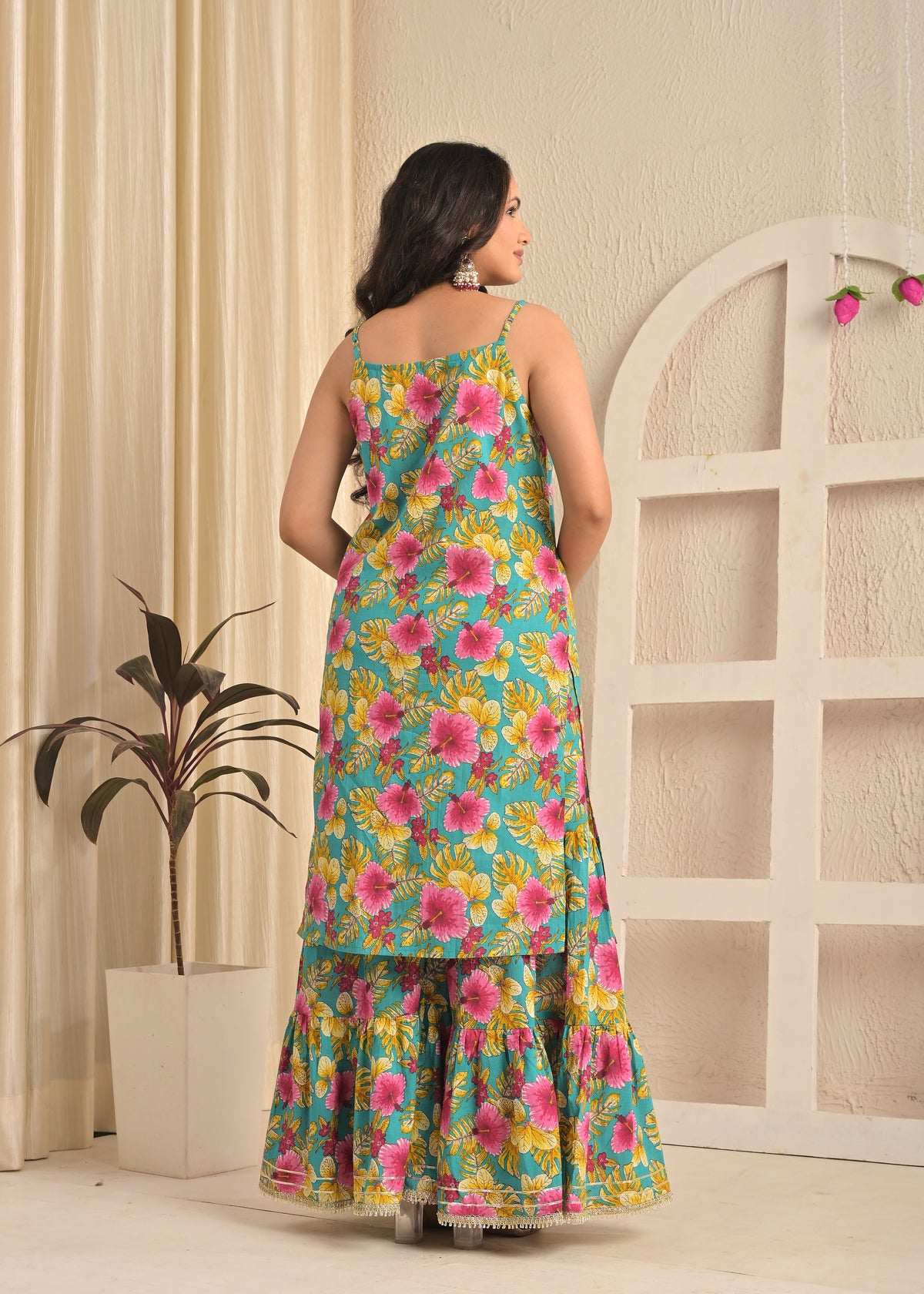 Turquoise Floral Cotton Kurta Sharara Set with Pink Dupatta