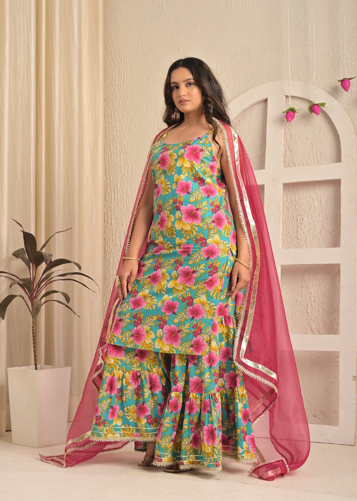 Turquoise Floral Cotton Kurta Sharara Set with Pink Dupatta