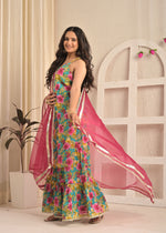 Turquoise Floral Cotton Kurta Sharara Set with Pink Dupatta