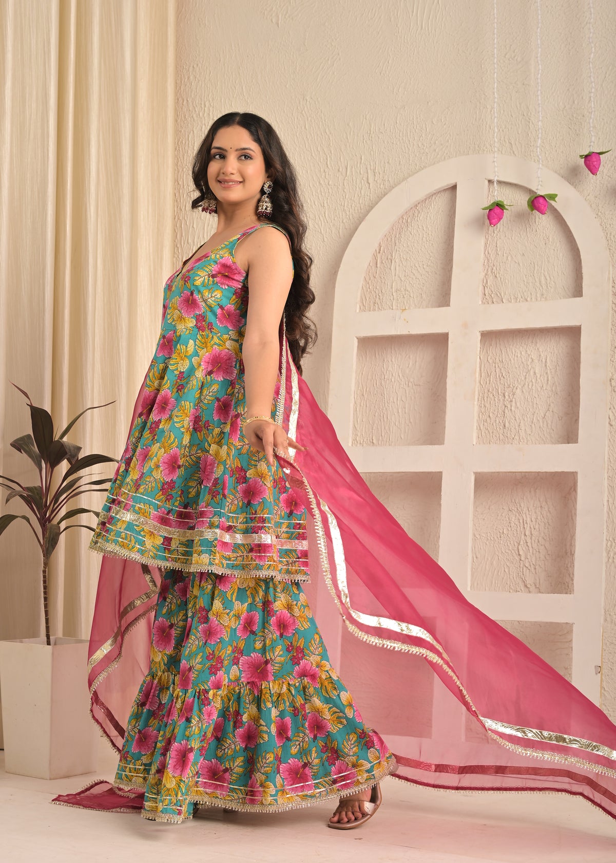 Aqua Bloom Cotton Anarkali Sharara Set with Pink Dupatta